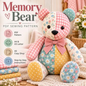 Wzór do szycia patchworku Cottage Floral z misiem-pamięcią w formacie PDF, wzór na misia pluszowego 16 cali, wzór do druku w formacie A4, litera US, A0, przewodnik krok po kroku