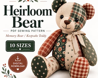 Patrón de costura en PDF para osito de peluche de recuerdo, osito de patchwork (10 tamaños)