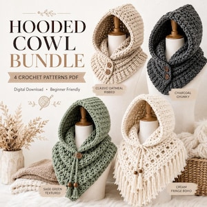 Hooded Cowl Crochet Pattern Bundle, 4 PDF Designs for Scarves and Neck Warmers