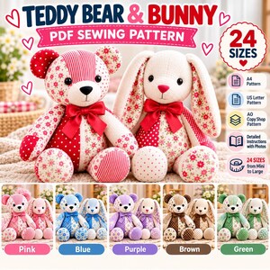 Teddy Bear & Bunny Sewing Pattern PDF, 24 Sizes, Memory Bear Pattern, Plush Toy Pattern, A4 US Letter A0, Step by Step Instructions