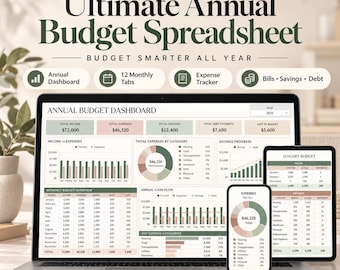 Ultimate Annual Budget Spreadsheet, Monthly Budget Planner, Personal Finance Tracker, Bill Tracker, Debt & Savings Tracker,Excel Gogle Sheet