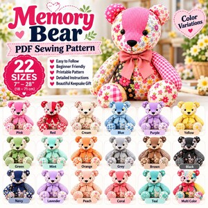 Memory Bear Sewing Pattern PDF, 22 Sizes, Patchwork Teddy Bear Pattern, A4 US Letter A0, Beginner Sewing Tutorial, Keepsake Bear Pattern