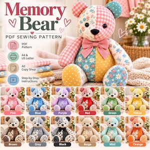 Cottage Floral Patchwork Memory Bear Sewing Pattern PDF, 16 Inch Teddy Bear Pattern, A4 US Letter A0 Printable Pattern, Step by Step Guide