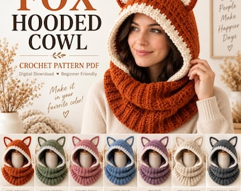 Fox Hooded Cowl Crochet Pattern PDF, Animal Ears, Winter Snood (Digital Download)