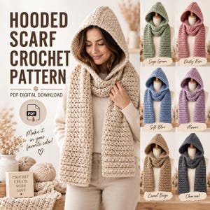 May include: A digital PDF crochet pattern for a hooded scarf. The main image shows a beige hooded scarf. Smaller images display the same scarf design in sage green, dusty rose, soft blue, mauve, camel beige, and charcoal grey colour variations.