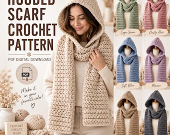 Beginner Crochet Hooded Scarf Pattern PDF, Chunky Winter Scoodie (Digital Download)