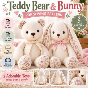 Teddy Bear & Bunny Sewing Pattern PDF, 2 in 1 Stuffed Animal Pattern, Memory Bear Pattern, A4 US Letter A0, Beginner Sewing Tutorial