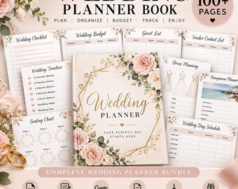 Wedding Planner Book Printable, 100+ Page Bridal Planning Binder, Wedding Checklist, Budget, Guest List, Seating Chart, Digital PDF