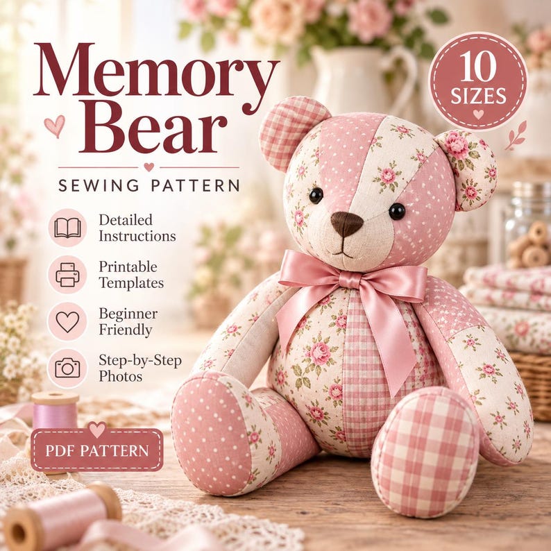 Memory Bear Sewing Pattern, Patchwork Teddy Bear, 10 Sizes (PDF Download)