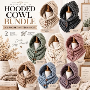 Hooded Cowl Crochet Pattern Bundle, Four PDF Designs for Scarves and Neck Warmers