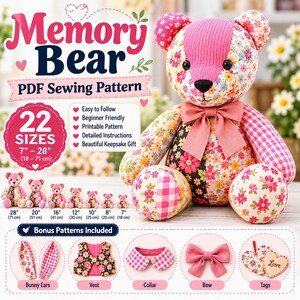 Memory Bear Sewing Pattern PDF, 22 Sizes, Patchwork Teddy Bear Pattern, A4 US Letter A0, Beginner Sewing Tutorial, Keepsake Bear Pattern