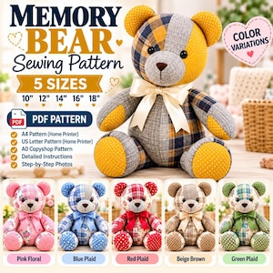 Memory Bear Sewing Pattern PDF, 5 Sizes 10–18 Inch, Keepsake Teddy Bear Pattern, A4 US Letter A0, Step by Step Guide