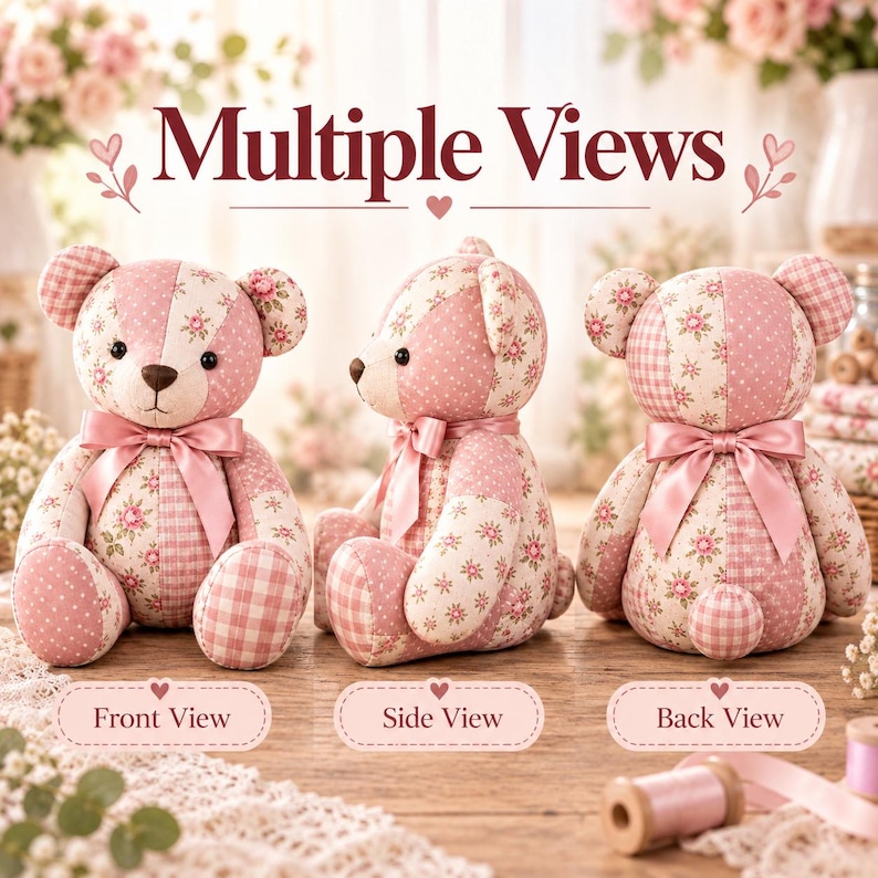Puede incluir: Un oso de peluche mostrado en vistas frontal, lateral y trasera. El oso est&aacute; confeccionado con tela de retazos en tonos rosa y blanco, con patrones florales, de lunares y de cuadros. Un lazo de sat&eacute;n rosa est&aacute; atado alrededor del cuello.