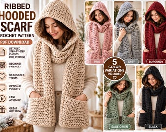 Ribbed Hooded Scarf Crochet Pattern PDF, Scoodie Crochet Pattern, Hooded Scarf with Pockets, Beginner Winter Crochet Pattern
