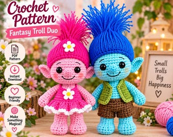 Fantasy Troll Doll Duo Crochet Pattern PDF, Amigurumi Doll Pattern, Photo Tutorial, Instant Download