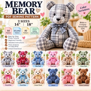 Patron de couture PDF pour ours en peluche souvenir, ours en peluche de 35 et 45 cm, format A4/A0, instructions illustrées, ours à conserver précieusement