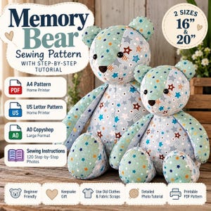 Schnittmuster für einen Memory Bear (PDF), Teddybär-Schnittmuster (40 & 50 cm), A4/US-Letter-Format (A0), Schritt-für-Schritt-Nähanleitung