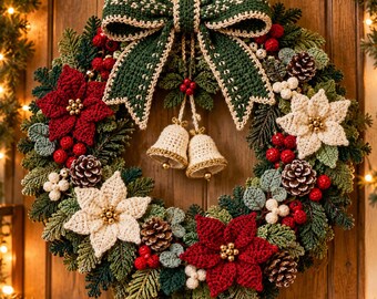 Crochet Christmas Wreath Pattern PDF, Poinsettia Wreath Crochet Pattern, Christmas Door Decor, Holiday Wreath Digital Download