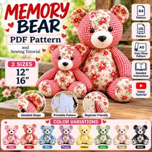 Patrón de costura en PDF para osito de peluche de 12 y 16 pulgadas, tamaño A4 (carta estadounidense A0), tutorial de costura para osito de recuerdo, descarga instantánea.