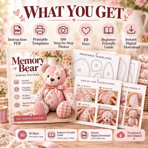 Puede incluir: Un patr&oacute;n de costura digital para un oso de recuerdo, con un oso de peluche de patchwork hecho de tela rosa con flores y cuadros. El set incluye plantillas imprimibles, instrucciones paso a paso con fotos y una gu&iacute;a para diez tama&ntilde;os.