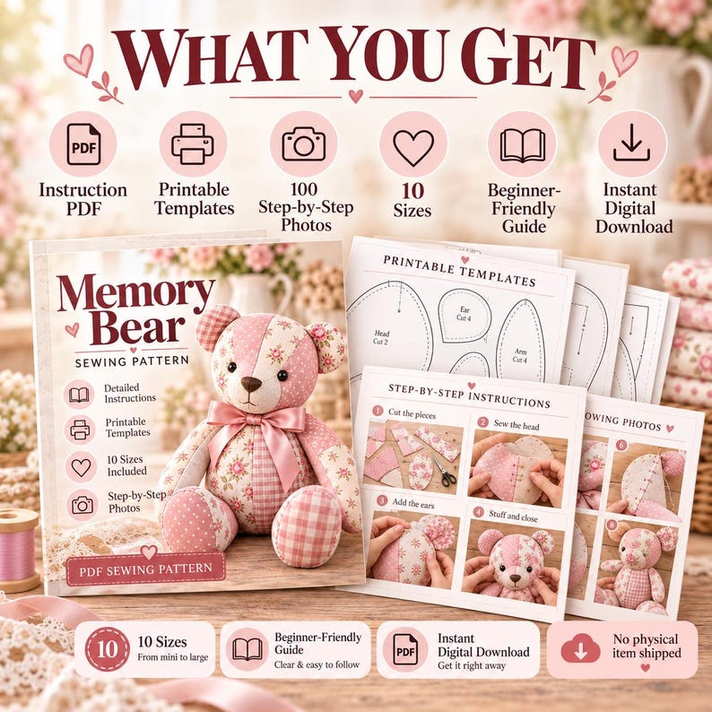 Puede incluir: Un patr&oacute;n de costura digital para un oso de recuerdo, con un oso de peluche de patchwork hecho de tela rosa con flores y cuadros. El set incluye plantillas imprimibles, instrucciones paso a paso con fotos y una gu&iacute;a para diez tama&ntilde;os.
