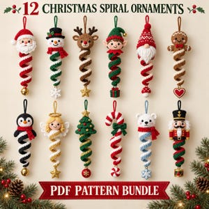 May include: A set of 12 crochet Christmas spiral ornaments featuring characters including Santa, a snowman, reindeer, elf, gnome, gingerbread man, penguin, angel, tree, candy cane, polar bear, and nutcracker with the text 12 CHRISTMAS SPIRAL ORNAMENTS PDF PATTERN BUNDLE.