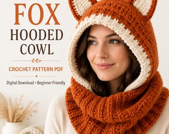 Patrón de ganchillo en PDF para bufanda con capucha de zorro, orejas de animal, gorro de invierno (descarga digital)