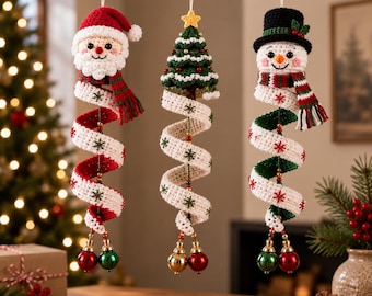 Christmas Spiral Ornament Crochet Pattern Bundle: Santa, Snowman & Tree PDF, Holiday Hanging Decor