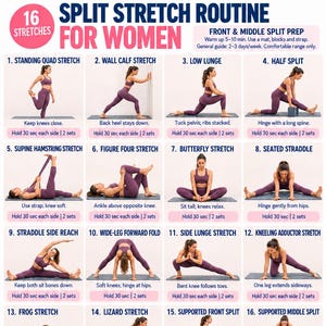 Split Stretch Routine For Women | 16 Stretches | Front & Middle Split Prep | Printable PDF Poster
