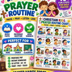 May include: A Daily Kids Prayer Routine chart featuring 16 illustrated steps for daily prayer, including icons for building faith, encouraging gratitude, and growing kindness. The chart displays text such as Talk to God Every Day and 16 Fun Steps for Daily Prayer, with a colourful design suitable for home, church, or classroom use.