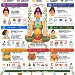 May include: A Chakra Balancing Chart poster featuring a central illustration of a person in a seated meditation pose with seven glowing colored chakra symbols along their spine, surrounded by detailed sections explaining each chakra's location, themes, and daily balancing practices.