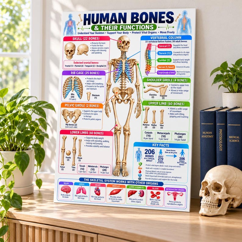 Human Bones Anatomy Chart Printable, Skeletal System & Bone Functions ...