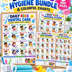 May include: A digital download bundle featuring four colorful hygiene charts for children, including guides for dental care, hand washing, personal hygiene, and bath time routines, displayed with a toothbrush mug and a yellow rubber duck.