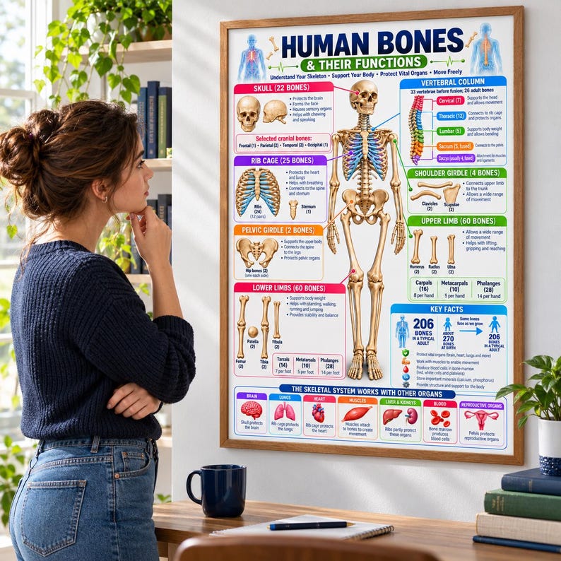 Human Bones Anatomy Chart Printable, Skeletal System & Bone Functions ...