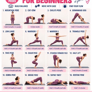 Puede incluir: Un póster titulado YOGA POSES FOR BEGINNERS que muestra 16 ilustraciones numeradas de una persona con ropa deportiva morada realizando varias posturas de yoga sobre una esterilla. Cada sección incluye el nombre de la pose y las instrucciones.