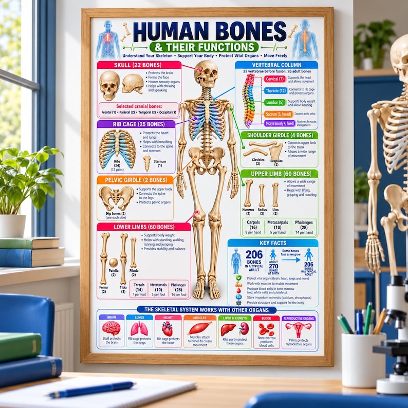 Human Bones Anatomy Chart Printable, Skeletal System & Bone Functions ...