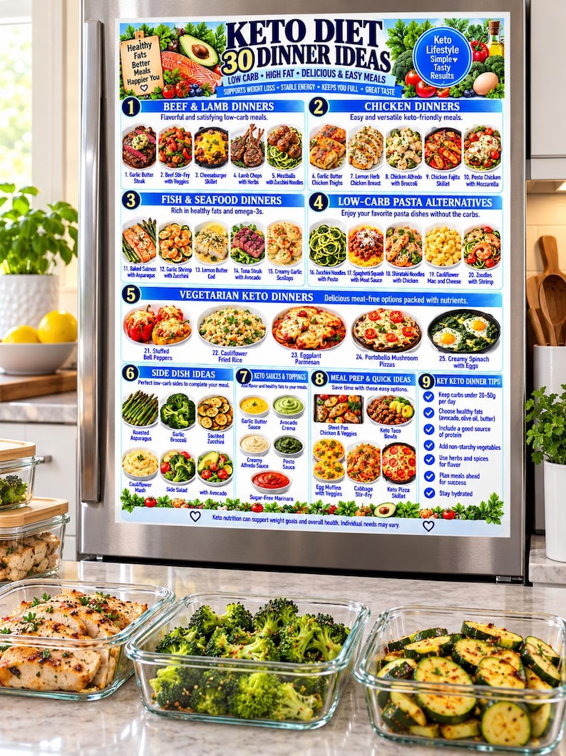Keto Dinner Ideas Chart Printable | 30 Low Carb Meal Ideas | Kitchen ...