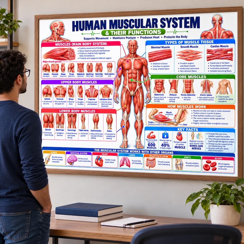 Human Muscular System Chart Printable, Muscle Anatomy & Functions ...