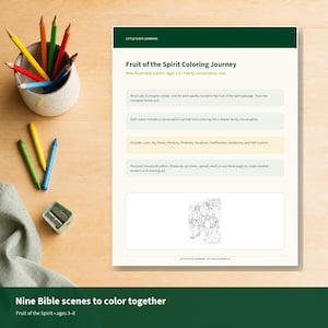 May include: A white document titled Fruit of the Spirit Coloring Journey with green headers, featuring text about nine illustrated scenes, family conversation cues, and a black and white line drawing of two people walking with a donkey.