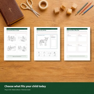 May include: Three educational activity sheets featuring line drawings of a donkey and story sequences, accompanied by a brown leather-bound book, white scissors, a roll of tape, wooden blocks, and three colored pencils on a wooden surface.