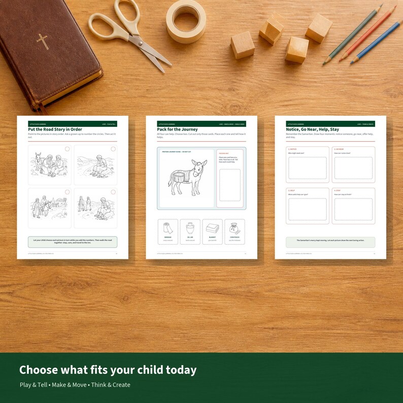 May include: Three educational activity sheets featuring line drawings of a donkey and story sequences, accompanied by a brown leather-bound book, white scissors, a roll of tape, wooden blocks, and three colored pencils on a wooden surface.