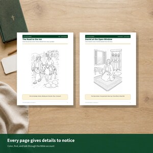 May include: Two white paper activity sheets featuring black line art illustrations titled The Road to the Inn and Daniel at the Open Window. Each page includes instructional text, a coloring scene, and a list of items to find within the drawing.
