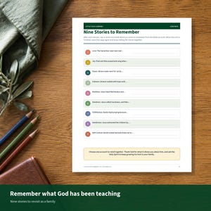 May include: A white educational worksheet titled Nine Stories to Remember with nine numbered rows featuring colored circles and blank lines for writing. The page includes text prompts about Bible accounts and a concluding section for family reflection.