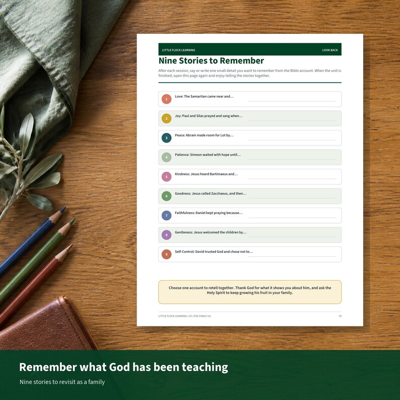 May include: A white educational worksheet titled Nine Stories to Remember with nine numbered rows featuring colored circles and blank lines for writing. The page includes text prompts about Bible accounts and a concluding section for family reflection.