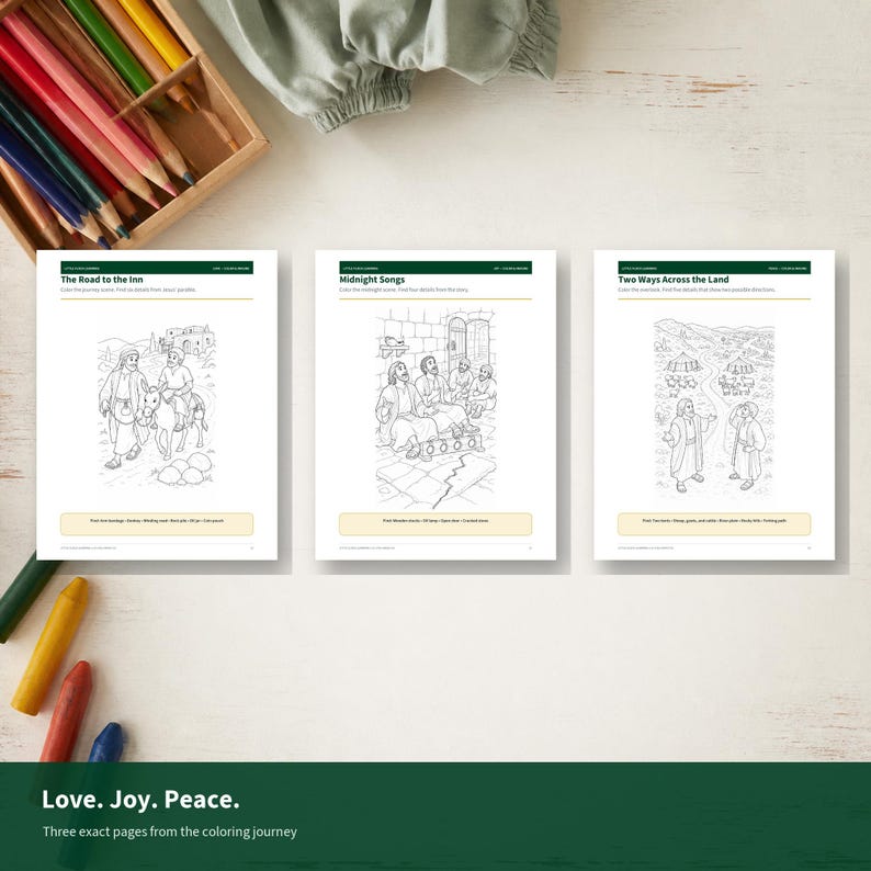 May include: Three white coloring pages titled The Road to the Inn, Midnight Songs, and Two Ways Across the Land, featuring black line art illustrations of biblical scenes. A wooden box filled with colored pencils sits in the top left corner.