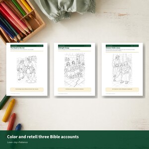May include: Three white coloring pages featuring black line art illustrations of biblical scenes titled The Road to the Inn, Midnight Songs, and Simeon Holds Jesus. Each page includes descriptive text and a small box for notes. Colored pencils are visible.