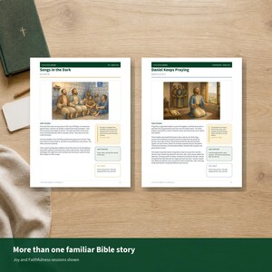 May include: Two educational pages featuring Bible stories titled Songs in the Dark and Daniel Keeps Praying. Each page includes a central illustration, text sections labeled From the Bible, and colored boxes with prompts for Look Together and Talk About It.