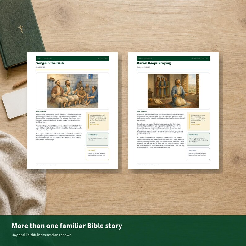 May include: Two educational pages featuring Bible stories titled Songs in the Dark and Daniel Keeps Praying. Each page includes a central illustration, text sections labeled From the Bible, and colored boxes with prompts for Look Together and Talk About It.