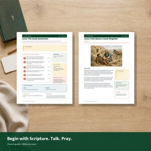 May include: Two printed educational lesson sheets titled Love: The Good Samaritan and Jesus Tells About a Good Neighbor. The pages feature text, a biblical illustration of a man helping another, and colored boxes for notes, alongside a dark green Bible.