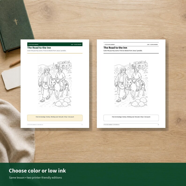 May include: Two identical white paper activity sheets titled The Road to the Inn, featuring a black and white line drawing of two figures walking with a donkey toward a building. Each sheet includes a list of items to find: Inn, Santiago, Donkey, Winding road, Rock pile, Oil jar, Coin pouch.